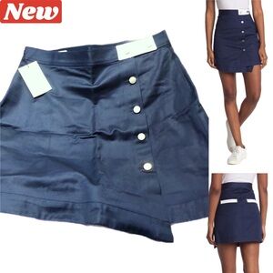🆕 BLDWN Alexis Asymmetrical Button-Down Skirt Navy blue & white